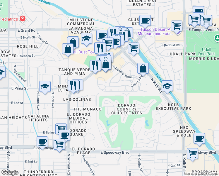 map of restaurants, bars, coffee shops, grocery stores, and more near 6601 Calle La Paz in Tucson