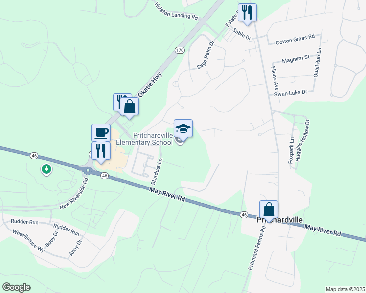 map of restaurants, bars, coffee shops, grocery stores, and more near 9447 Evan Way in Bluffton