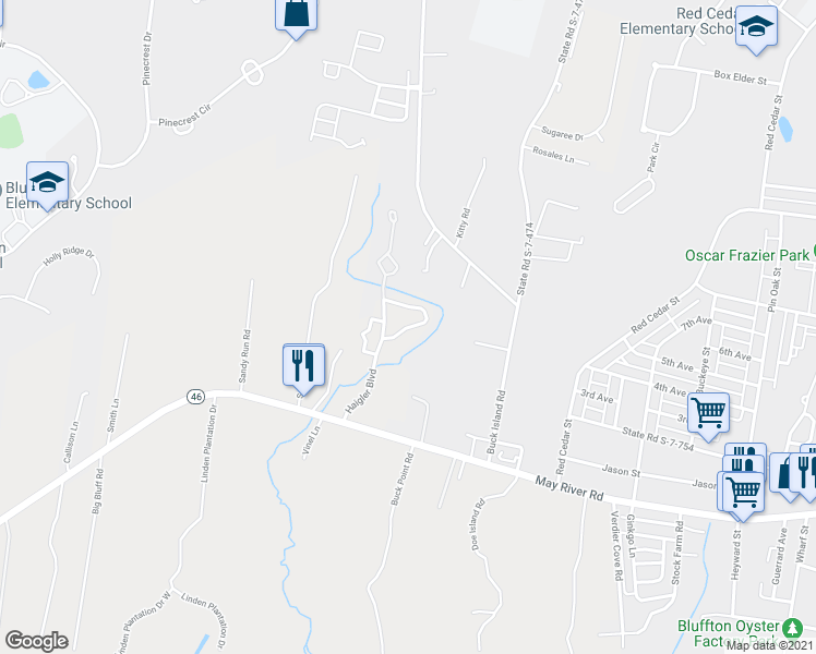 map of restaurants, bars, coffee shops, grocery stores, and more near 12 Frierson Circle in Bluffton