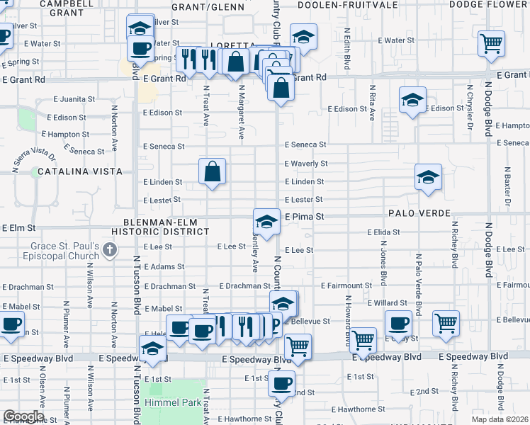 map of restaurants, bars, coffee shops, grocery stores, and more near 3009 East Elm Street in Tucson