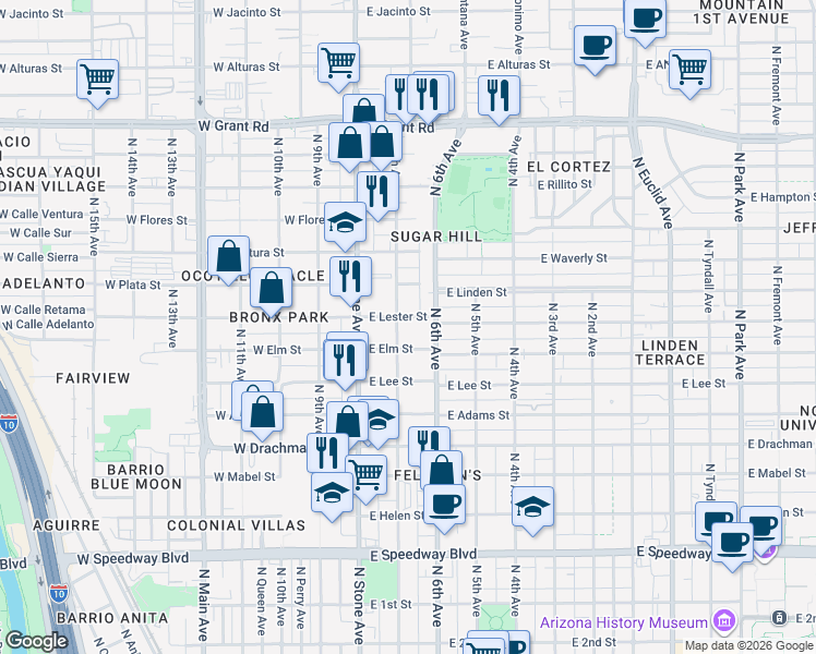 map of restaurants, bars, coffee shops, grocery stores, and more near 1808 North 7th Avenue in Tucson