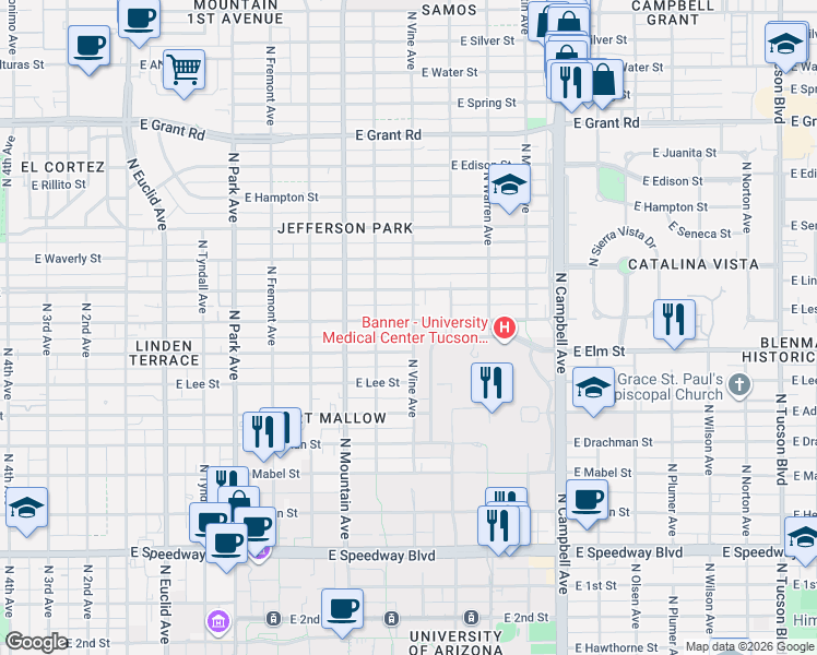 map of restaurants, bars, coffee shops, grocery stores, and more near 1448 East Lester Street in Tucson