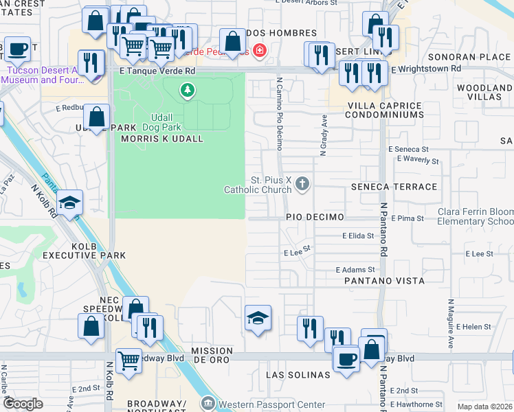 map of restaurants, bars, coffee shops, grocery stores, and more near 7521 East Clarence Circle in Tucson