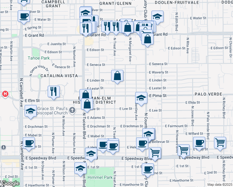 map of restaurants, bars, coffee shops, grocery stores, and more near 2802 East Lester Street in Tucson
