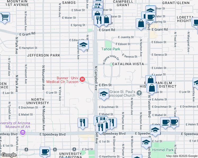map of restaurants, bars, coffee shops, grocery stores, and more near 295 North Sierra Vista Drive in Tucson