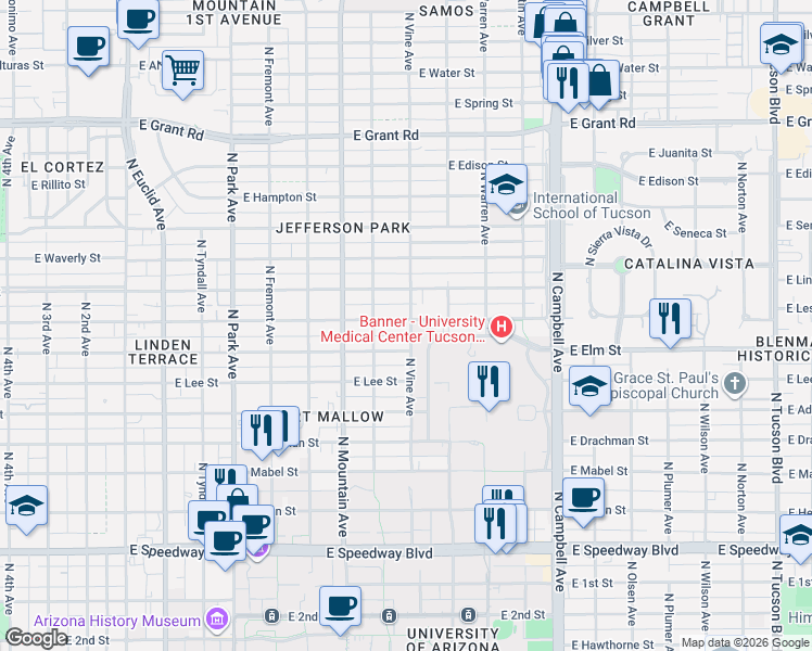map of restaurants, bars, coffee shops, grocery stores, and more near 1425 East Lester Street in Tucson