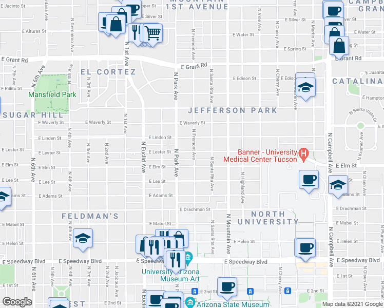 map of restaurants, bars, coffee shops, grocery stores, and more near 1107 East Lester Street in Tucson