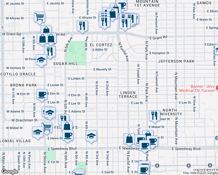 map of restaurants, bars, coffee shops, grocery stores, and more near 605 East Lester Street in Tucson