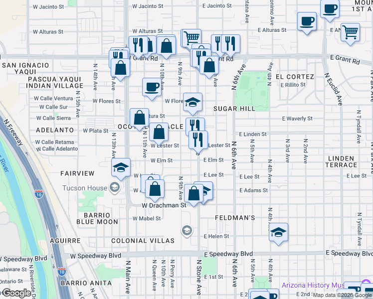 map of restaurants, bars, coffee shops, grocery stores, and more near 51 East Lester Street in Tucson