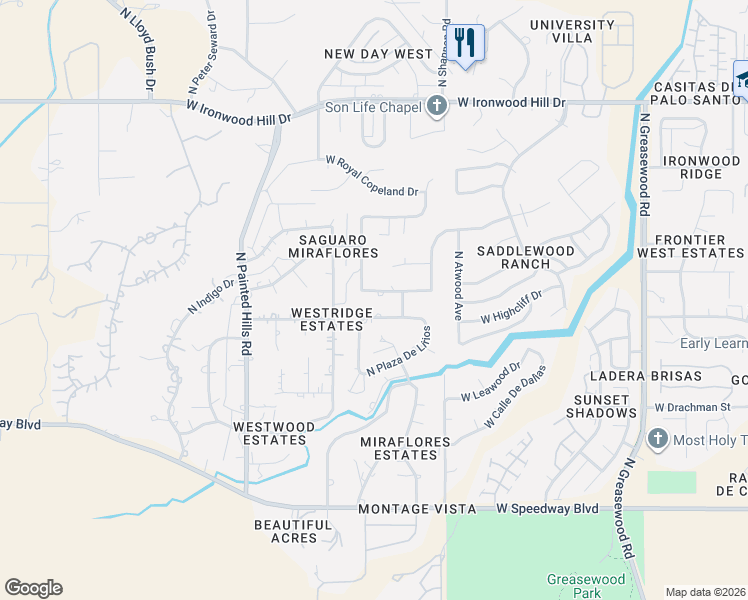 map of restaurants, bars, coffee shops, grocery stores, and more near 3028 West Camino Camelia in Tucson