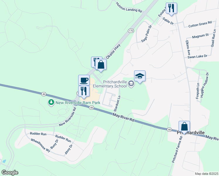 map of restaurants, bars, coffee shops, grocery stores, and more near 9319 Evan Way in Bluffton