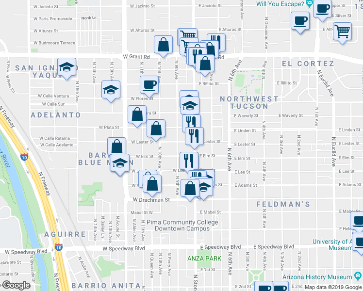 map of restaurants, bars, coffee shops, grocery stores, and more near 51 East Lester Street in Tucson