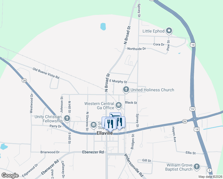 map of restaurants, bars, coffee shops, grocery stores, and more near 74 Sam Street in Ellaville