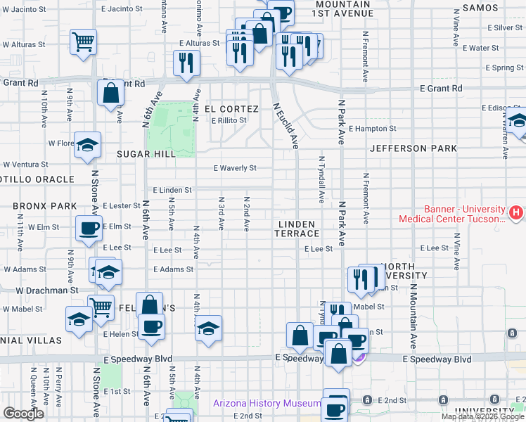 map of restaurants, bars, coffee shops, grocery stores, and more near 640 East Lester Street in Tucson
