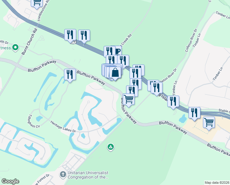 map of restaurants, bars, coffee shops, grocery stores, and more near 18 Mulrain Way in Bluffton