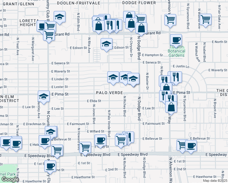 map of restaurants, bars, coffee shops, grocery stores, and more near 1702 North Palo Verde Boulevard in Tucson