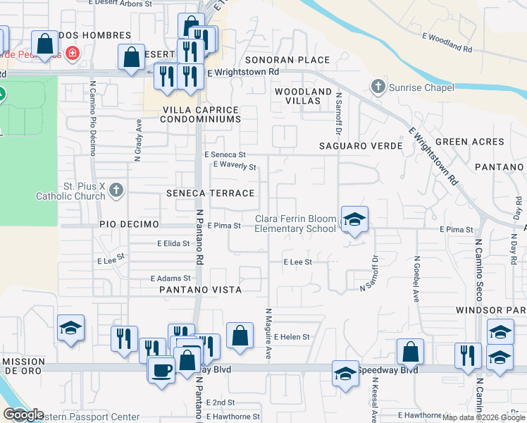 map of restaurants, bars, coffee shops, grocery stores, and more near 1790 North Hayden Drive in Tucson