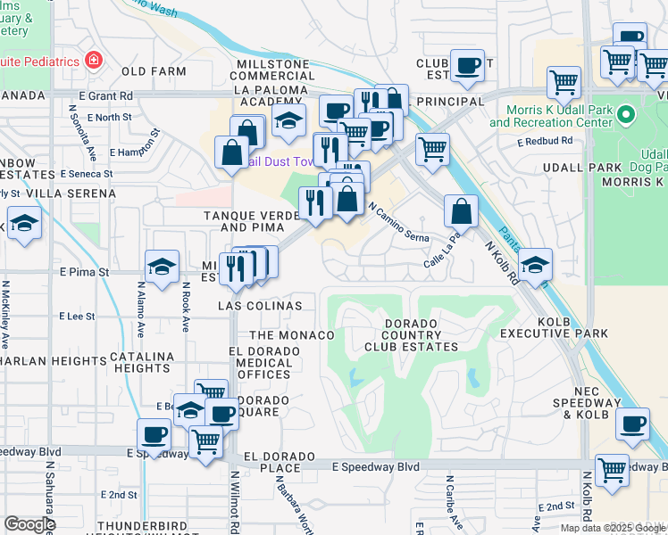 map of restaurants, bars, coffee shops, grocery stores, and more near 6557 Calle La Paz in Tucson