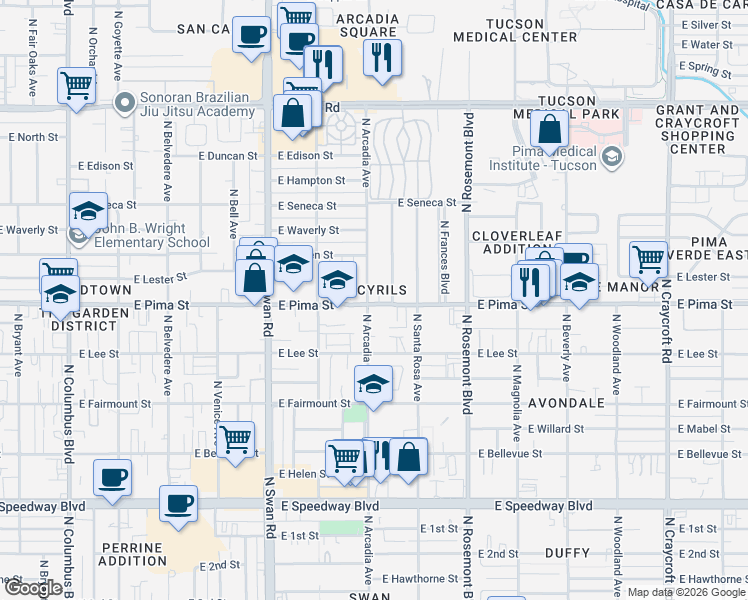 map of restaurants, bars, coffee shops, grocery stores, and more near 1725 North Nancy Rose Boulevard in Tucson
