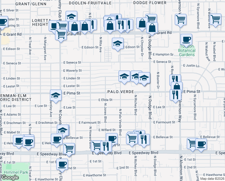 map of restaurants, bars, coffee shops, grocery stores, and more near 3444 East Lester Street in Tucson