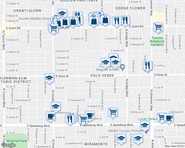 map of restaurants, bars, coffee shops, grocery stores, and more near 3366 East Lester Street in Tucson