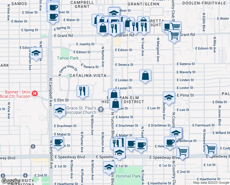 map of restaurants, bars, coffee shops, grocery stores, and more near 2435 East Lester Street in Tucson