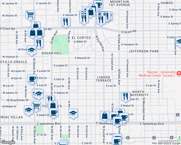map of restaurants, bars, coffee shops, grocery stores, and more near 605 East Lester Street in Tucson