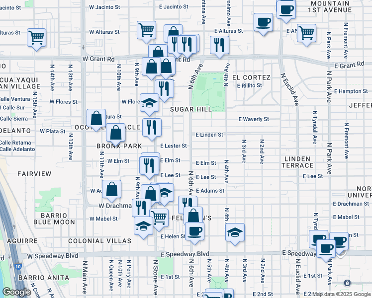map of restaurants, bars, coffee shops, grocery stores, and more near 201 East Lester Street in Tucson