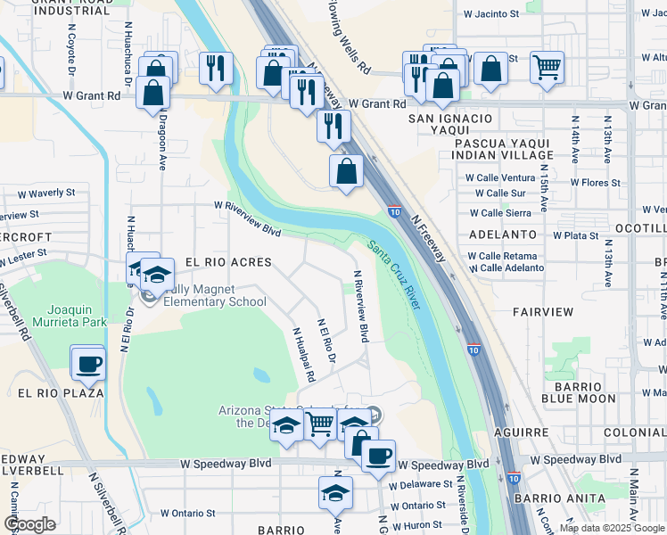 map of restaurants, bars, coffee shops, grocery stores, and more near 1319 West Riverview Boulevard in Tucson