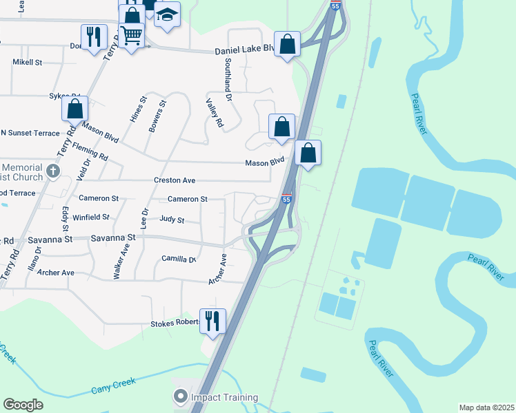 map of restaurants, bars, coffee shops, grocery stores, and more near 3875 Interstate 55 in Jackson