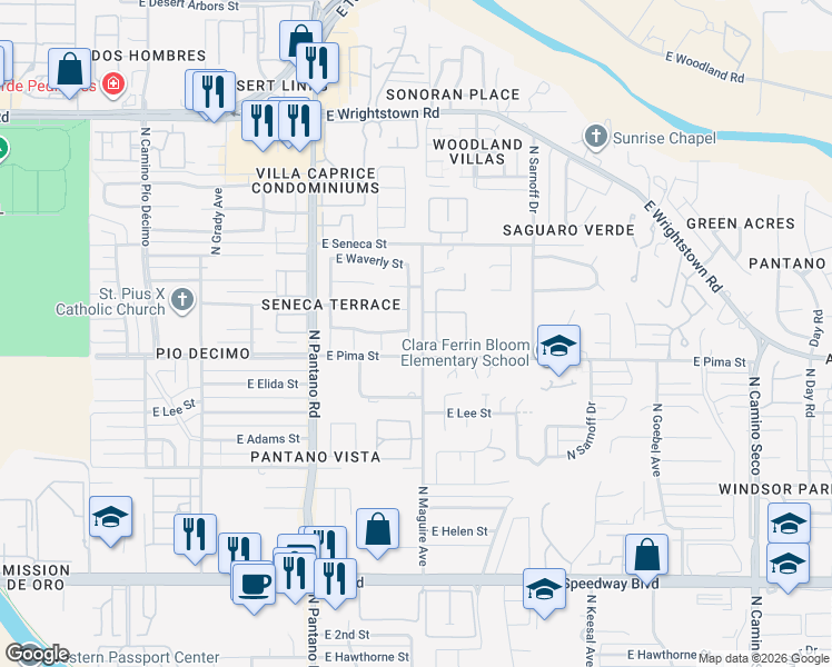 map of restaurants, bars, coffee shops, grocery stores, and more near 1790 North Hayden Drive in Tucson
