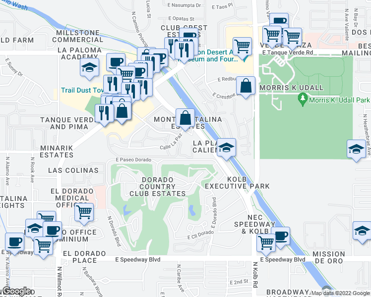 map of restaurants, bars, coffee shops, grocery stores, and more near 6790 Calle La Paz in Tucson