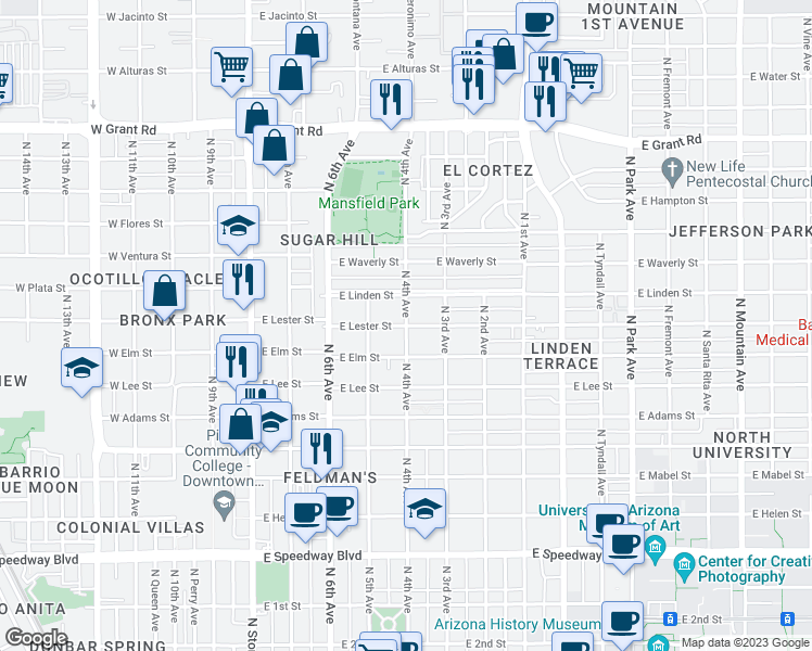 map of restaurants, bars, coffee shops, grocery stores, and more near E Lester St & N 4th Ave in Tucson
