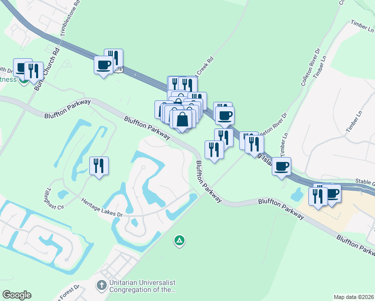 map of restaurants, bars, coffee shops, grocery stores, and more near 18 Mulrain Way in Bluffton