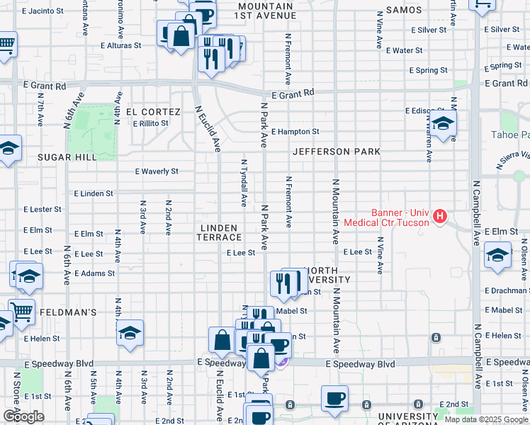 map of restaurants, bars, coffee shops, grocery stores, and more near North Park Avenue & East Lester Street in Tucson