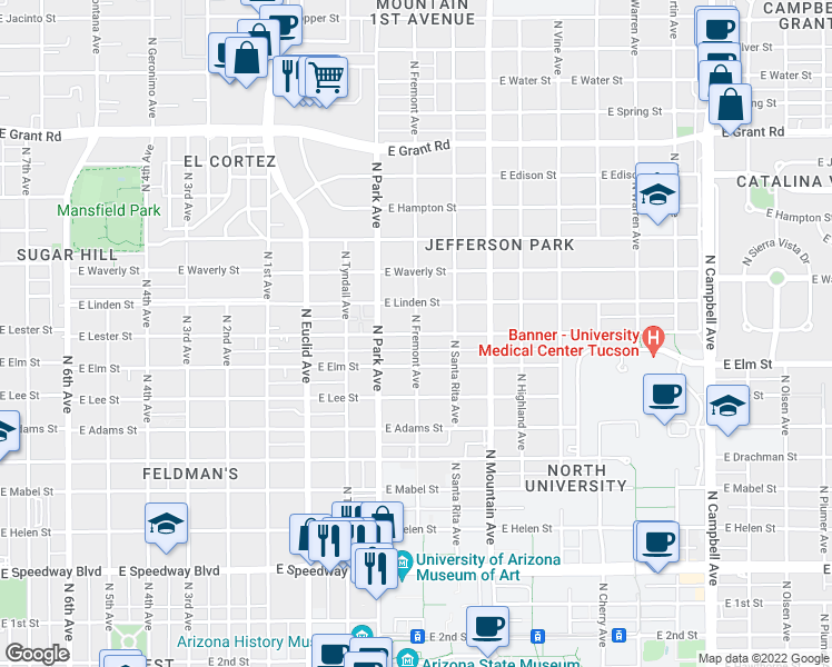 map of restaurants, bars, coffee shops, grocery stores, and more near E Lester St & N Fremont Ave in Tucson