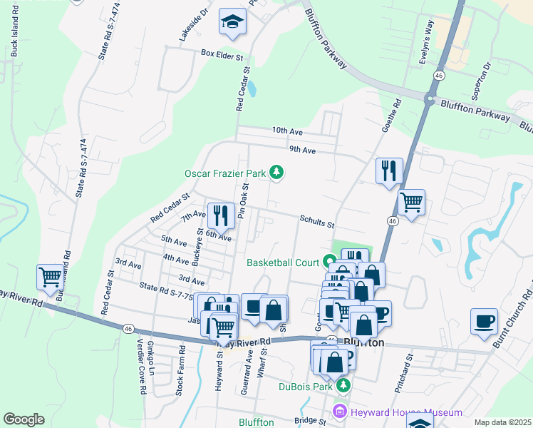 map of restaurants, bars, coffee shops, grocery stores, and more near 47 8th Avenue in Bluffton
