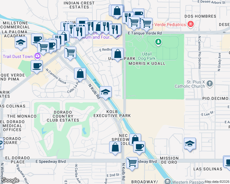 map of restaurants, bars, coffee shops, grocery stores, and more near 7031 East Cam Tenerife in Tucson
