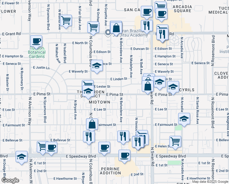 map of restaurants, bars, coffee shops, grocery stores, and more near 4442 East Lester Street in Tucson