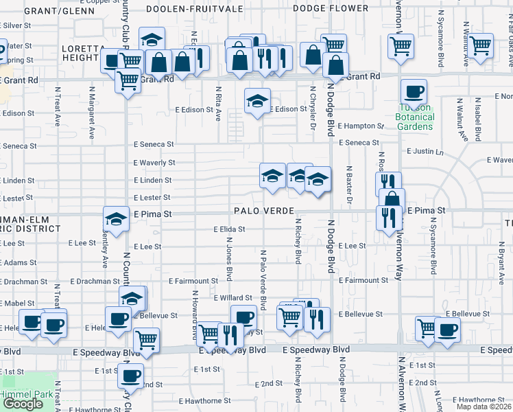 map of restaurants, bars, coffee shops, grocery stores, and more near 3444 East Lester Street in Tucson