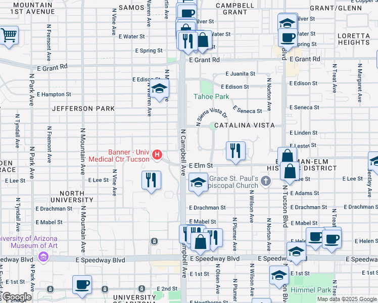 map of restaurants, bars, coffee shops, grocery stores, and more near 295 North Sierra Vista Drive in Tucson