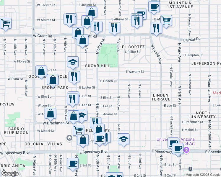 map of restaurants, bars, coffee shops, grocery stores, and more near 1820 North 5th Avenue in Tucson