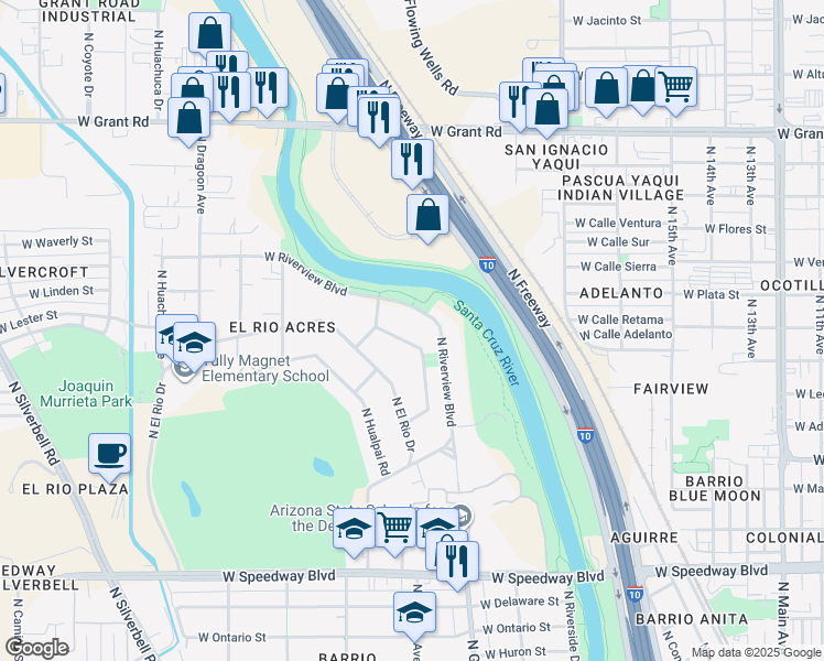 map of restaurants, bars, coffee shops, grocery stores, and more near 1319 West Riverview Boulevard in Tucson