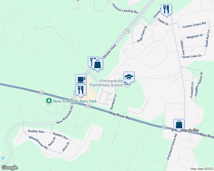 map of restaurants, bars, coffee shops, grocery stores, and more near 9319 Evan Way in Bluffton