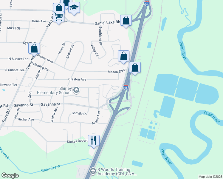 map of restaurants, bars, coffee shops, grocery stores, and more near 3875 Interstate 55 in Jackson