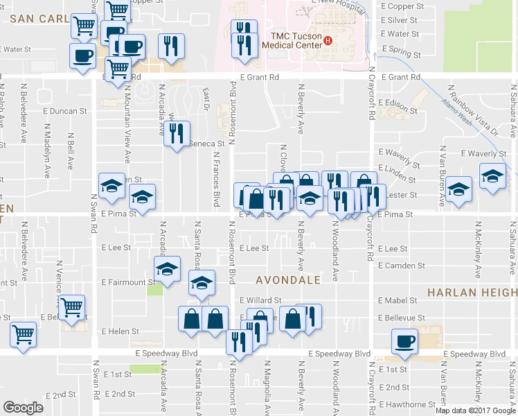 map of restaurants, bars, coffee shops, grocery stores, and more near 5151 East Pima Street in Tucson