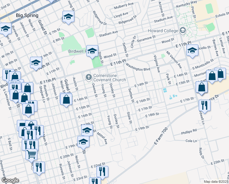 map of restaurants, bars, coffee shops, grocery stores, and more near 1002 East 14th Street in Big Spring