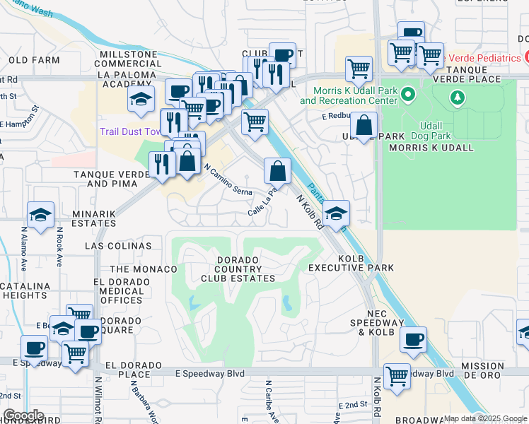 map of restaurants, bars, coffee shops, grocery stores, and more near 6782 Calle La Paz in Tucson