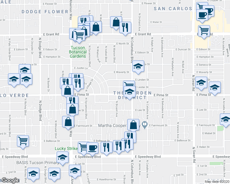 map of restaurants, bars, coffee shops, grocery stores, and more near 4125 East Pima Street in Tucson
