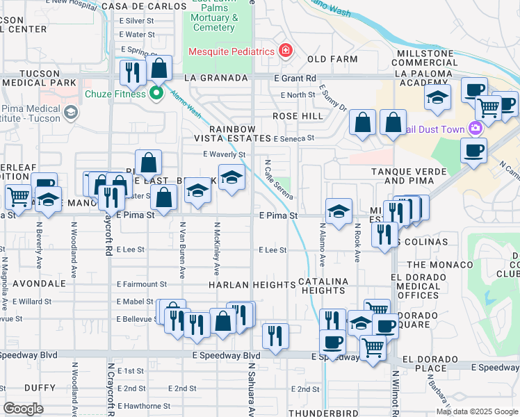 map of restaurants, bars, coffee shops, grocery stores, and more near 5933 East Pima Street in Tucson